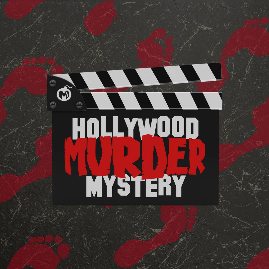 "hollywood murder mystery" written on a clapboard over red footprints